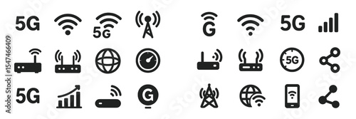Collection of 5G technology icons representing wireless connectivity and communication systems