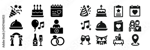 Symbols of celebration with icons for birthdays, events, and gatherings in a simple black and white design