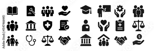 Icons representing various professions, education, healthcare, and community services on a plain background