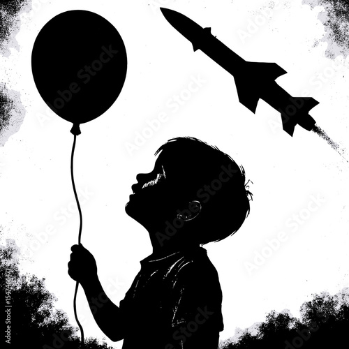 Silhouette of a Boy Holding a Balloon Watching a Rocket Launching