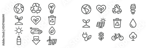 Collection of eco-friendly icons representing sustainability practices and green energy solutions