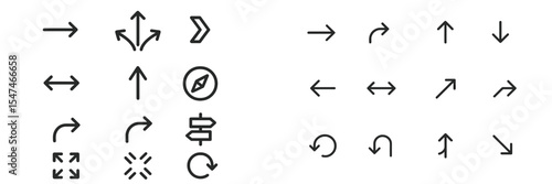 Collection of directional symbols and arrows used in navigation and orientation for travel and mapping purposes