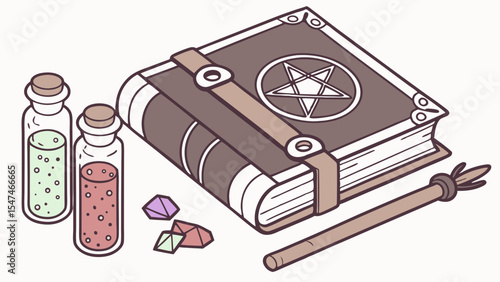 Magical spellbook, potion bottles, and magic wand with crystals. Fantasy witchcraft and wizardry illustration set on a table.