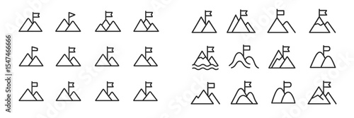 Simple black and white line drawings of mountains with flags in various orientations and wave patterns