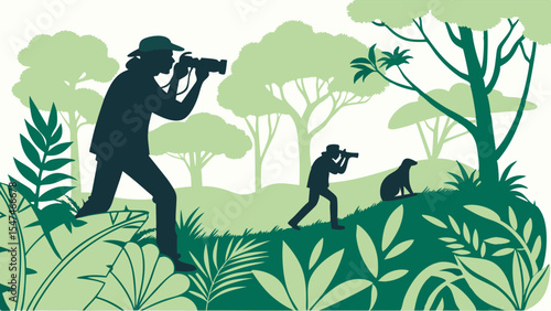 Wildlife photographers with cameras exploring a tropical jungle. Nature photography, animal observation, and outdoor adventure.