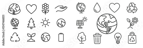 Creative environmental icons representing sustainability, nature, and community effort in a minimalist design