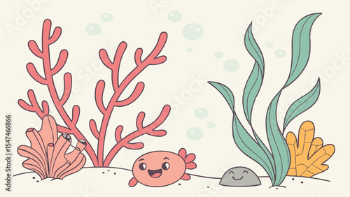 Cute cartoon happy axolotl vector illustration for kids. Underwater ocean scene with coral, seaweed, and bubbles.