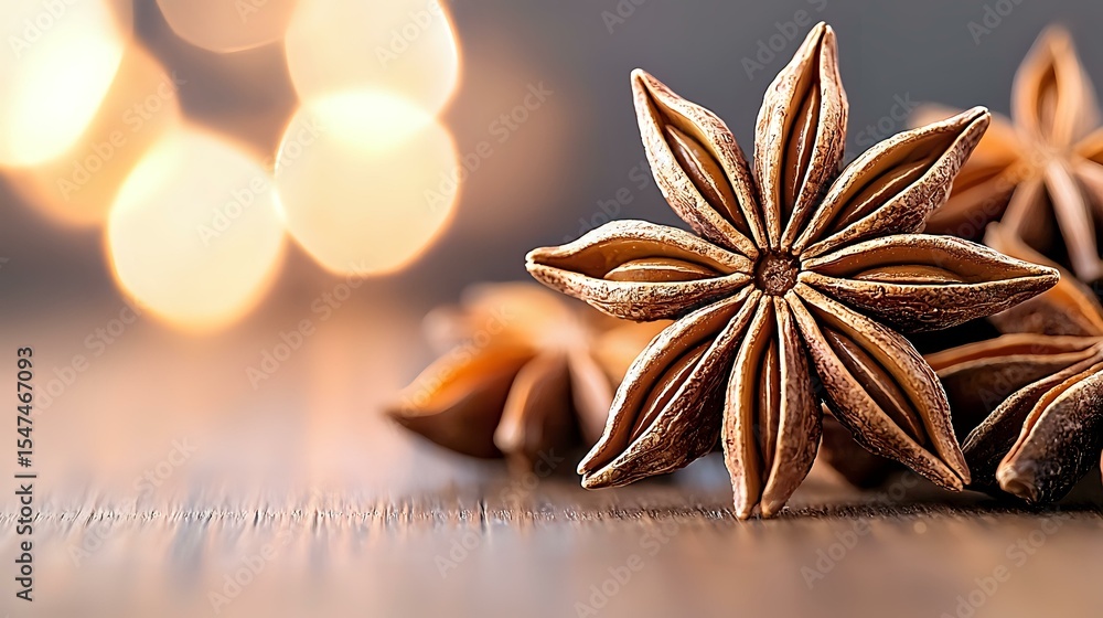 Star anise pods on rustic wooden surface with soft golden bokeh lights in background, creating warm aromatic spice composition for culinary and holiday designs. Star anise pods on rustic wooden surface with soft golden bokeh lights in background, creating warm aromatic spice composition for culinary and holiday designs.