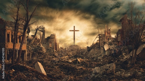A cross is in the middle of a destroyed city