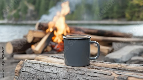 Warm beverage mug on log with campfire and scenic outdoor background camping relaxation nature adventure tranquil scene