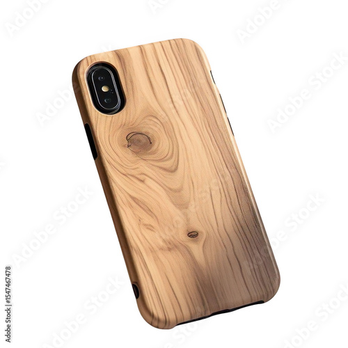 A close up of a wooden phone case with a camera cutout on a black background in a studio setting
