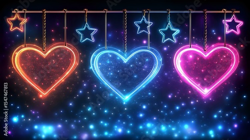Glowing neon hearts and stars in orange, blue, and pink colors against dark background with sparkles and light effects create romantic atmosphere.