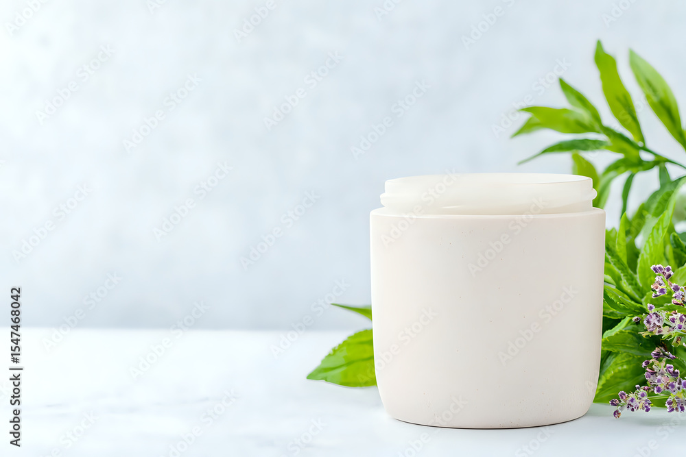 White cosmetic cream jar with green leaves and flowers on light background, natural organic skincare product packaging mockup for beauty and wellness brands. White cosmetic cream jar with green leaves and flowers on light background, natural organic skincare product packaging mockup for beauty and wellness brands.