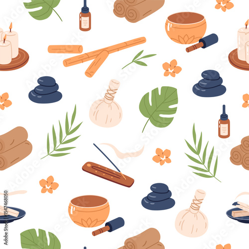 Seamless pattern with thai massage traditional elements and tropical plants. Hand drawn vector illustration for wrapping paper, textile, fabric.
