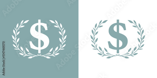 Logo con símbolo del dólar con corona triunfal de hojas de laurel 
