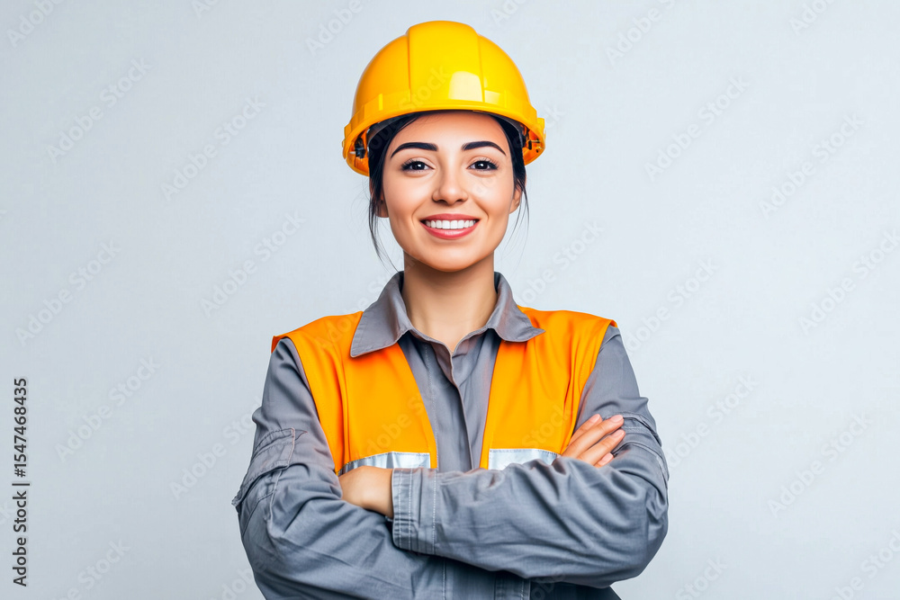 Confident female construction worker smiling, wearing a hard hat and safety vest, arms crossed, on a white background. Confident female construction worker smiling, wearing a hard hat and safety vest, arms crossed, on a white background.