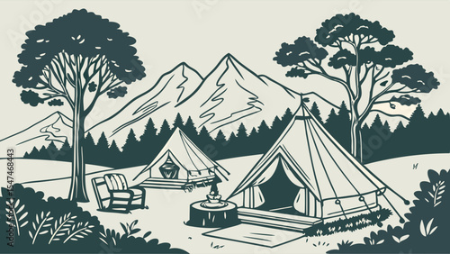 Camping in nature with bell tents, mountains, and trees. Outdoor glamping adventure landscape illustration.
