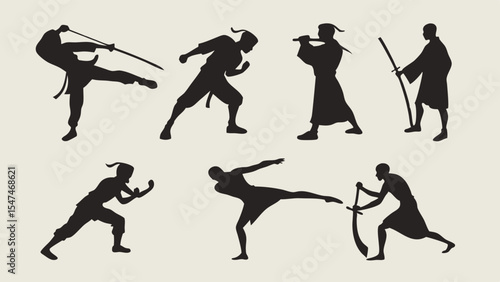 Martial Arts Fighters Silhouettes. Ninja Samurai Warrior Poses with Swords and Staff. Combat Training Vector Set.