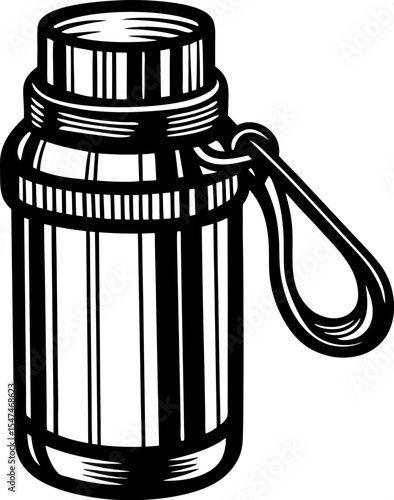 Hand drawn stainless steel thermos bottle with attached loop vintage engraved camping drink container illustration