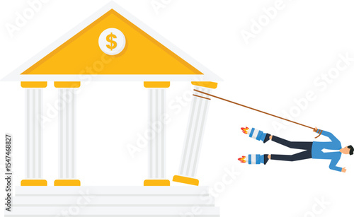 Businessman Pulling Down Bank, Financial Crisis, bank collapse, financial crisis, economic instability, market downturn, recession, debt, banking crisis, business failure, economic hardship