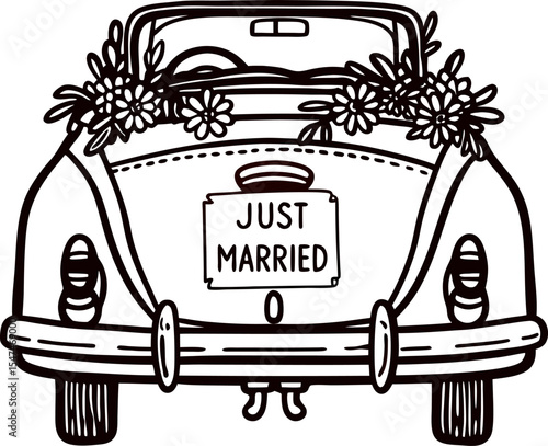 Vintage convertible car decorated with flowers and just married sign in hand drawn black and white illustration