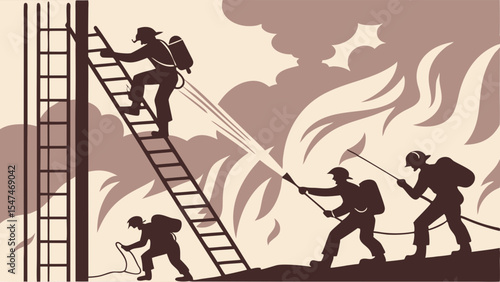 Firefighters battling a dangerous fire. Brave firemen climbing ladder and spraying water. Emergency rescue team working together.