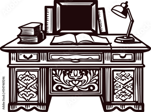 vintage engraved illustration of ornate antique wooden desk with open book, stacked books, framed picture, and table lamp