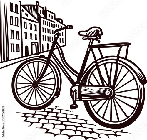 Vintage hand drawn bicycle parked on cobblestone street with old city buildings in background illustration