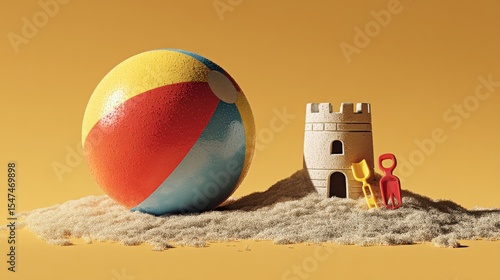 Rainbow-colored beach ball next to mini sandcastle tools
