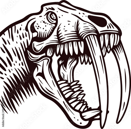 saber-toothed tiger skull black and white clip art preview