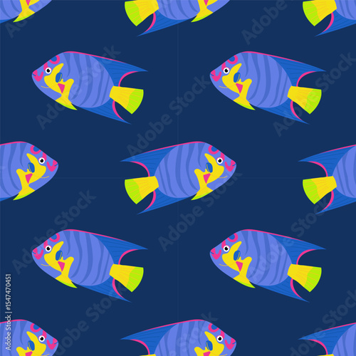 Seamless pattern with tropical fish on blue background. For textiles, wallpapers and packaging, postcards or covers.