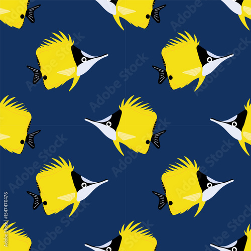 Forcipiger flavissimus. Seamless pattern with yellow tropical fish on blue background. For textiles, wallpapers and packaging, postcards or covers.