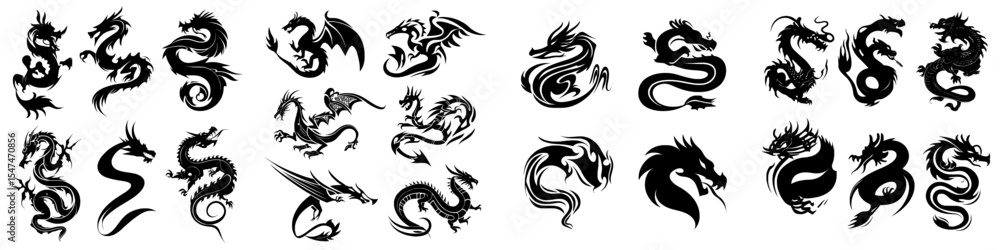 A collection of contemporary black and white drawings showcasing dragons, along with symbolic tattoos, set against a clean white backdrop A collection of contemporary black and white drawings showcasing dragons, along with symbolic tattoos, set against a clean white backdrop