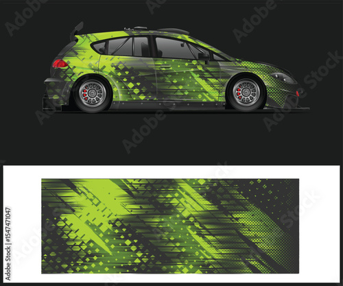 Abstract Green and Black Rally Car Wrap Design