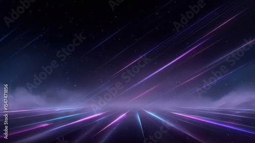 Surreal Cosmic Landscape with Colorful Light Beams and Starry Background in Night Sky