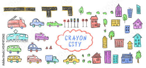 Set of a toy city with auto transport, buildings, shrubs, traffic cones, chimney roof tiles. Colorful vector doodle wax and charcoal squiggle lines for baby boy kindergarten location constructor.