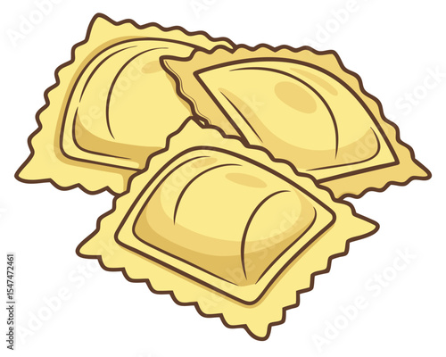 Illustration of fresh cooked ravioli pasta with golden color and a delicious culinary appeal.