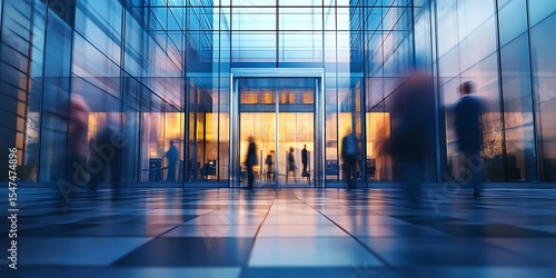 Blurred people entering a modern glass building