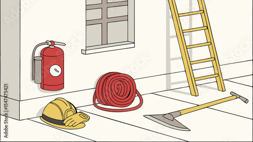Firefighter and rescue gear, including fire extinguisher, hose, ladder, hard hat, and tools for safety.