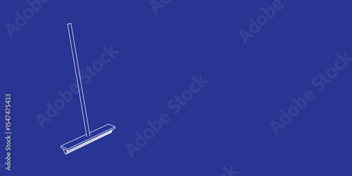 The outline of a large rake symbol made of white lines on the left. 3D view of the object in perspective. Vector illustration on indigo background