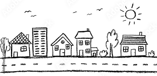 Whimsical doodle city scene for kids. Wax, crayon, and charcoal squiggles form houses, trees, garden, and transport road perfect for baby and kindergarten themes. Vector illustration
