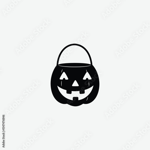Flat black silhouette of a jack-o'-lantern candy bag with a toothy grin. Perfect for Halloween designs, spooky graphics, and seasonal decor. Clean white background, bold style.
