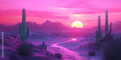 Fototapeta Naklejka Na Ścianę i Meble -  Purple desert landscape with cactus and sunset view