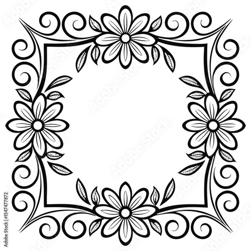 Floral Frame Design Element With Decorative Flowers And Swirls.