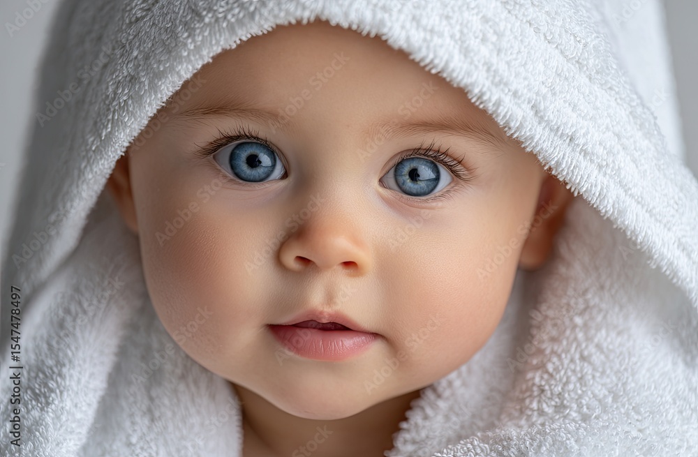 Close-up of a beautiful baby with blue eyes, wrapped in a white towel on an isolated background Close-up of a beautiful baby with blue eyes, wrapped in a white towel on an isolated background