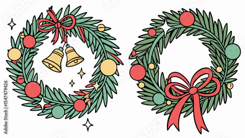 Christmas Wreath Vector Illustration Set. Holiday Decoration with Ornaments, Bows, and Bells. Festive Winter Design Element.