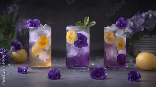 Three Glasses of Refreshing Floral Iced Drinks, floral drink, summer drink, cocktail, beverage, lemonade