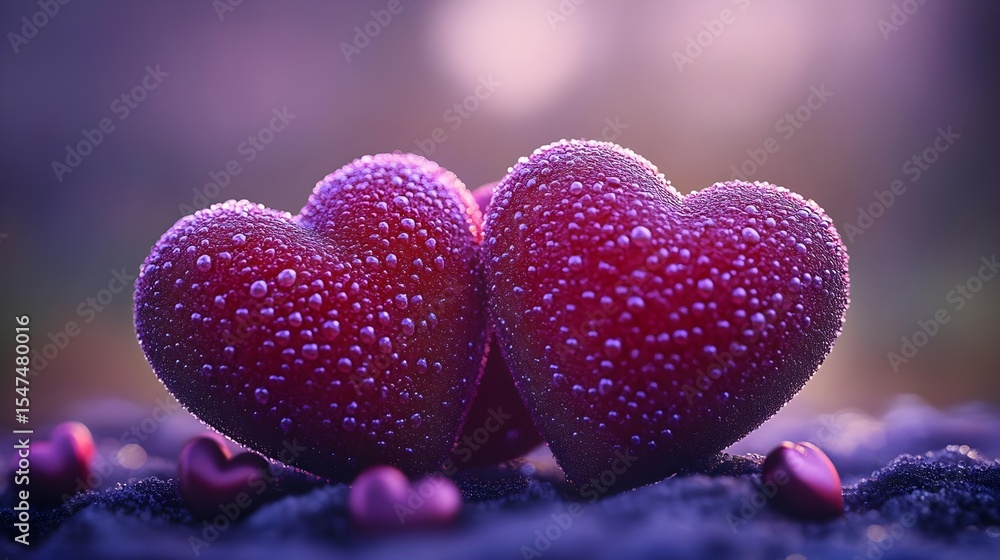 Obraz premium Two Dew-Covered Hearts, love, romance, Valentine's Day, Valentines, romantic