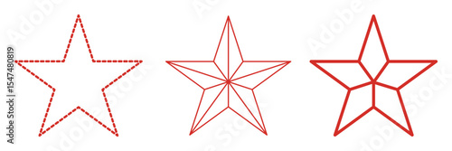 Lone star icon set. Dashed and lone thine line three star icon set. Sharp edges and bold outline in minimalistic design. For graphic design projects, digital illustration. 