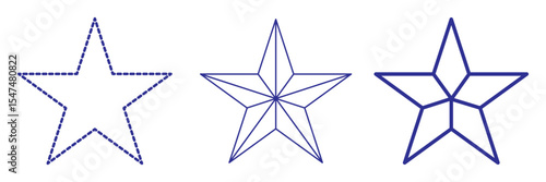 Lone star icon set. Dashed and lone thine line three star icon set. Sharp edges and bold outline in minimalistic design. For graphic design projects, digital illustration. 